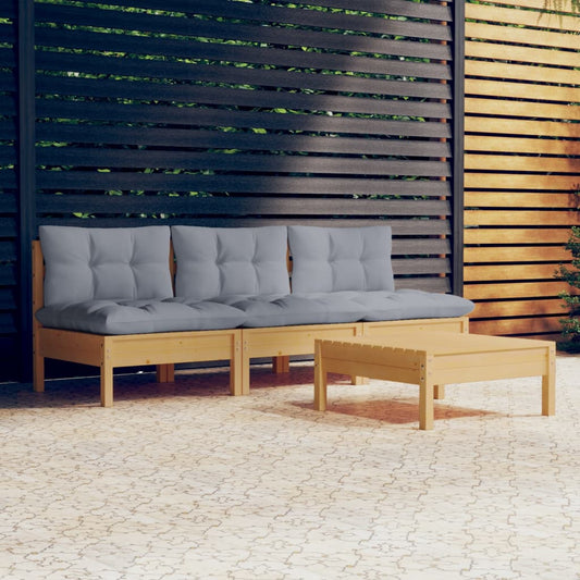 Garden Lounge Set Grey, Natural Wood Solid Pinewood, 100% Polyester