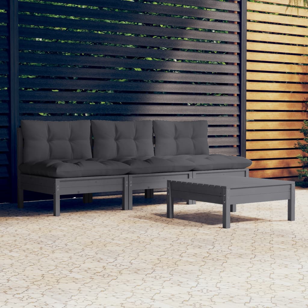 Garden Lounge Set Grey, Natural Wood Solid Pinewood, 100% Polyester