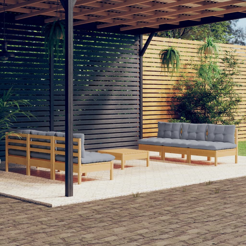 Garden Lounge Set Light Grey Cushions, Pinewood Frame