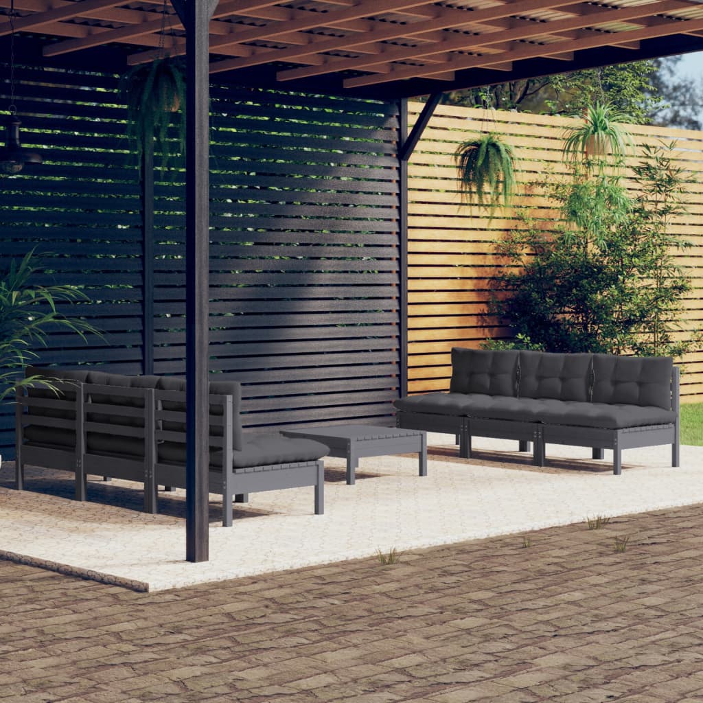 Garden Lounge Set Light Grey Cushions, Pinewood Frame