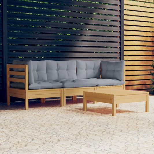 Garden Lounge Set Grey Solid Pinewood, Polyester Fabric Medium