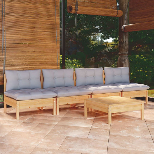 Garden Lounge Set Grey, Pinewood Solid Pinewood, Polyester Large