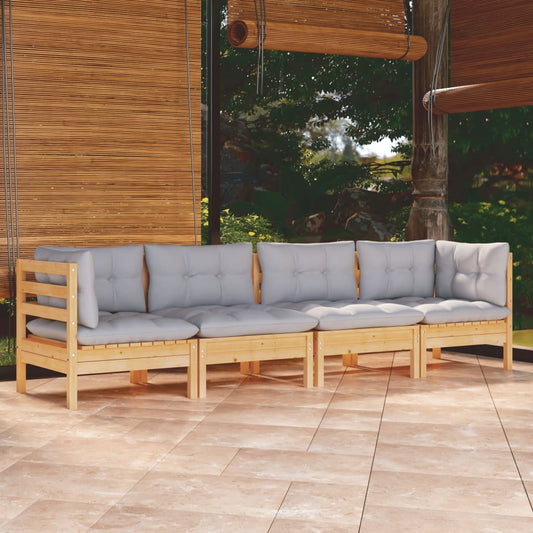 Garden Lounge Set Grey, Pine Solid Pinewood, 100% Polyester Fabric