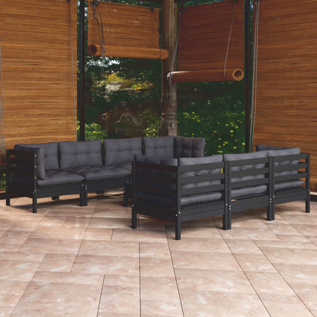 Garden Lounge Set Grey Solid Pinewood, 100% Polyester Large