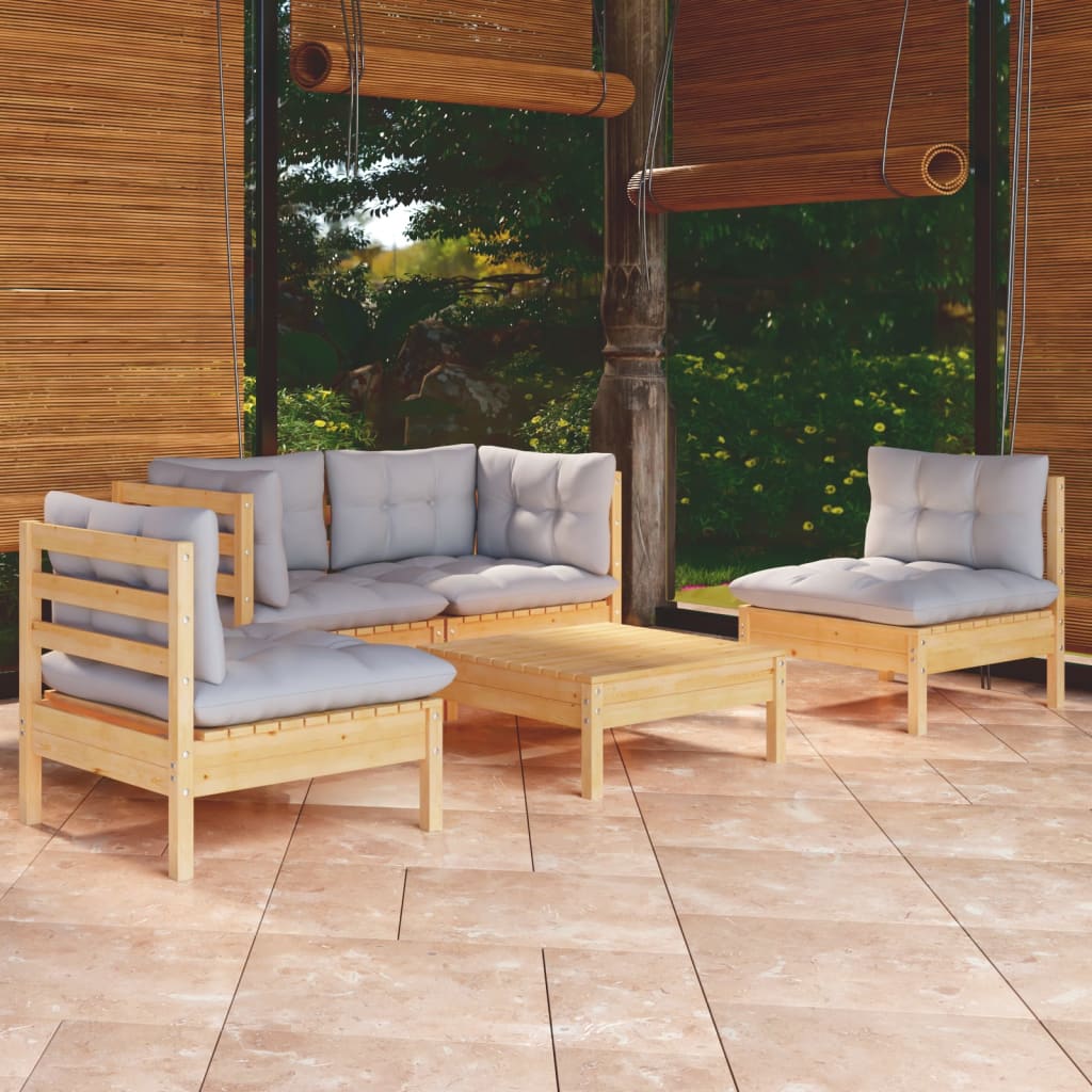 Garden Lounge Set Grey Solid Pinewood, Polyester 5 Piece Set