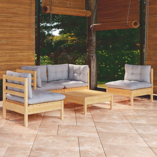Garden Lounge Set Grey Solid Pinewood, Polyester 5 Piece Set