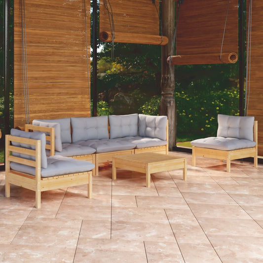 Garden Lounge Set Grey Solid Pinewood, 100% Polyester 6 Piece Set