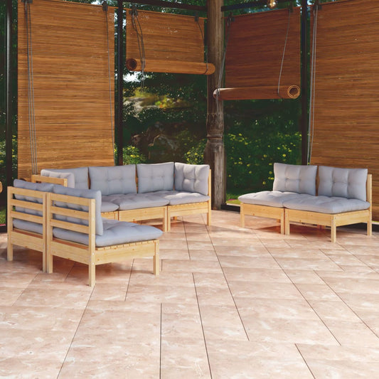 Garden Lounge Set Grey Solid Pine Wood, 100% Polyester Fabric Large