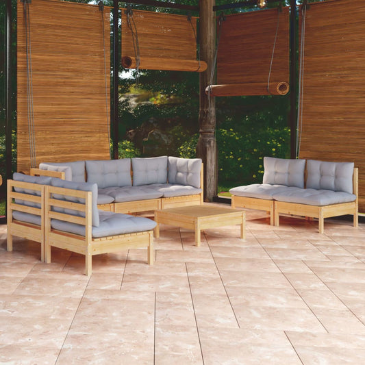 Garden Lounge Set Grey Solid Pine Wood, Polyester Fabric Medium