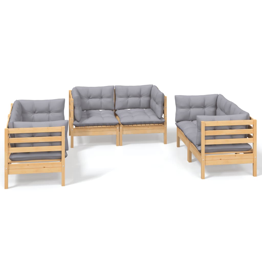 Garden Lounge Set Grey, Natural Wood Solid Pinewood, 100% Polyester