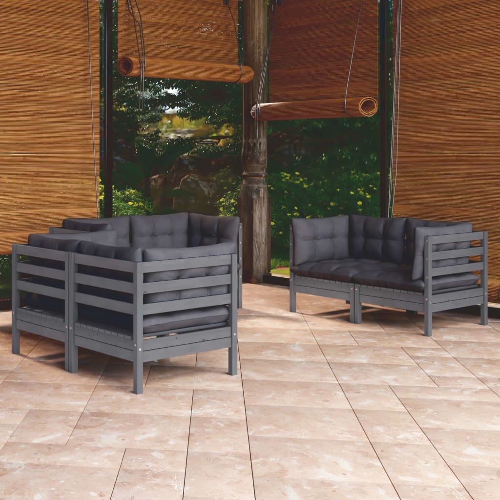 Garden Lounge Set Grey, Natural Wood Solid Pinewood, 100% Polyester