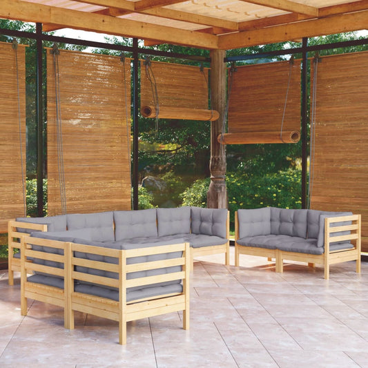 Garden Lounge Set Grey Solid Pine Wood, Fabric (100% Polyester)