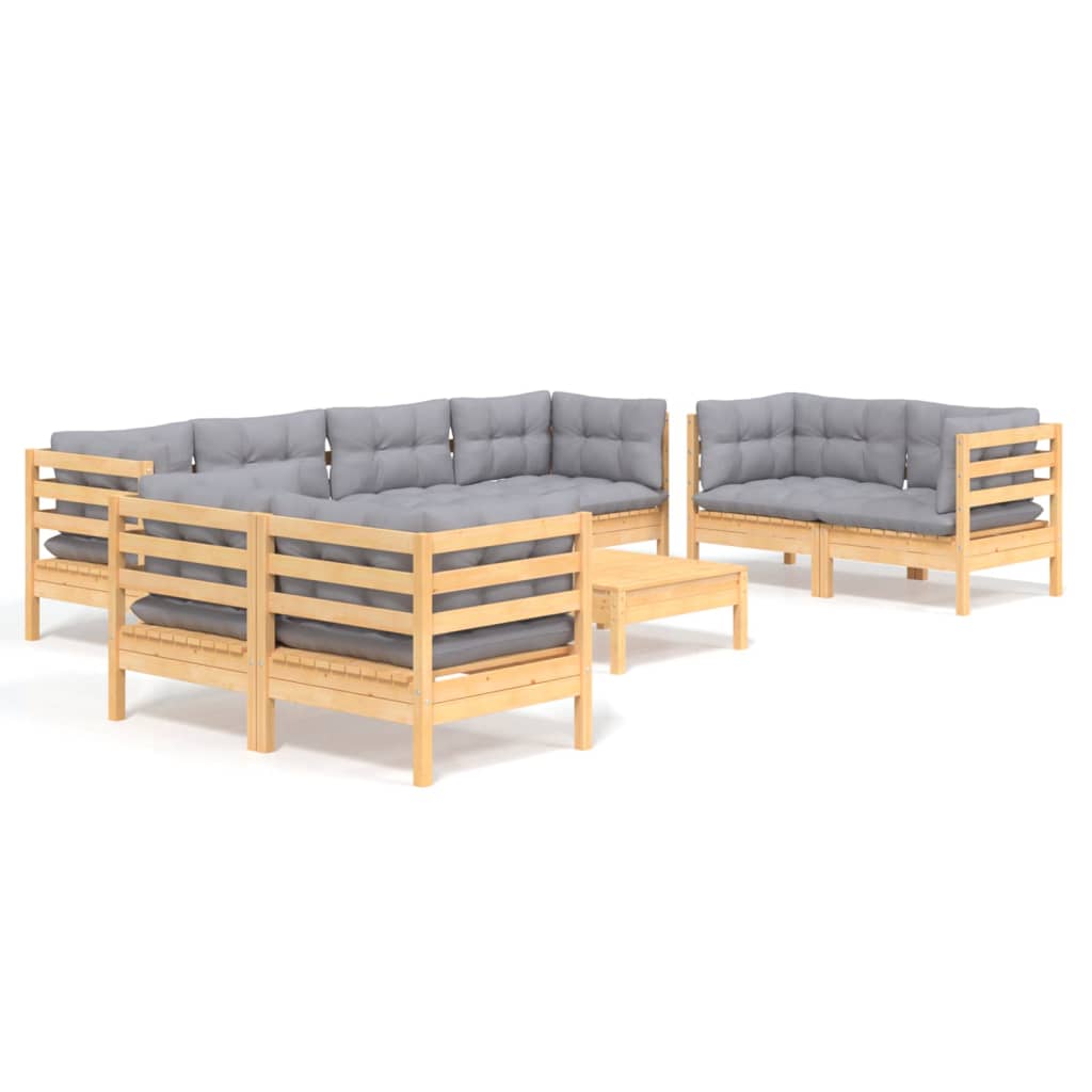 Garden Lounge Set Gray Cushions, Natural Wood Frame
