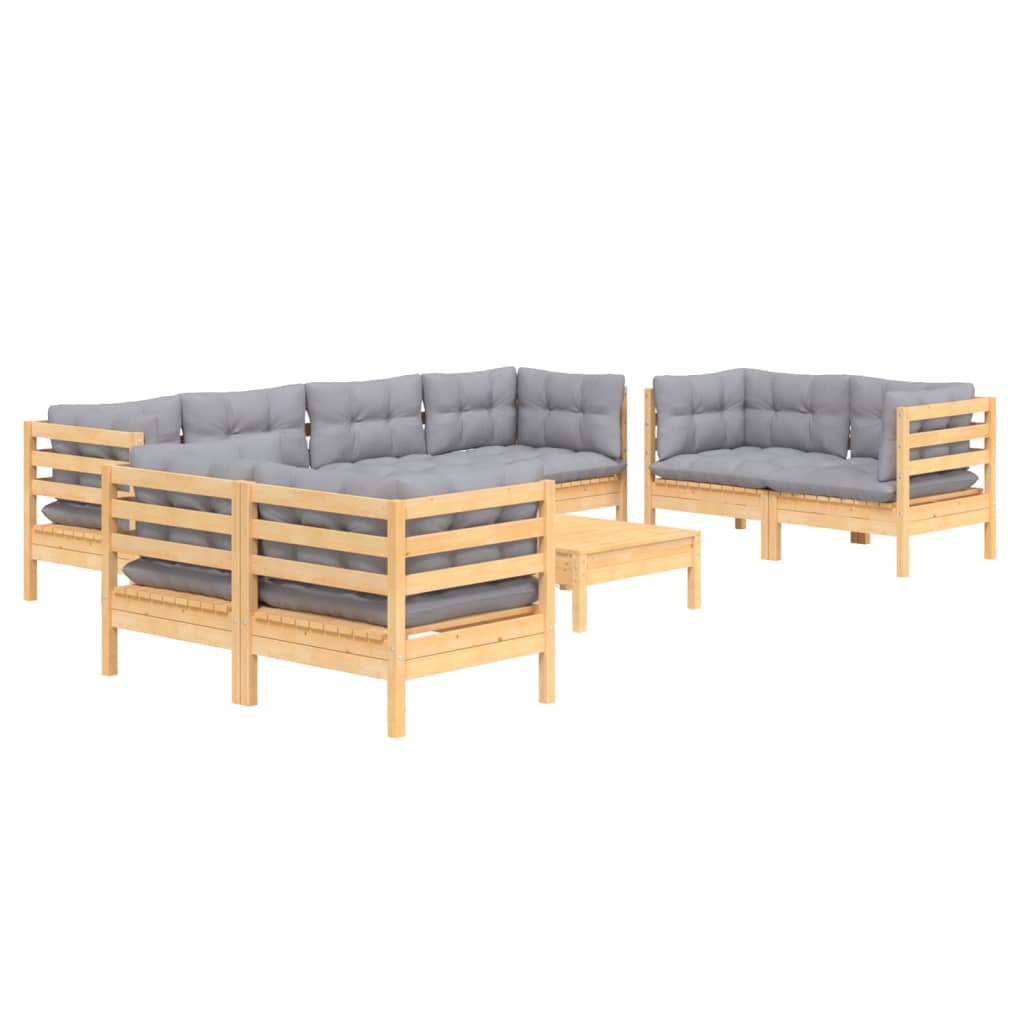 Garden Lounge Set Gray Cushions, Natural Wood Frame