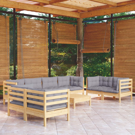 Garden Lounge Set Gray Cushions, Natural Wood Frame