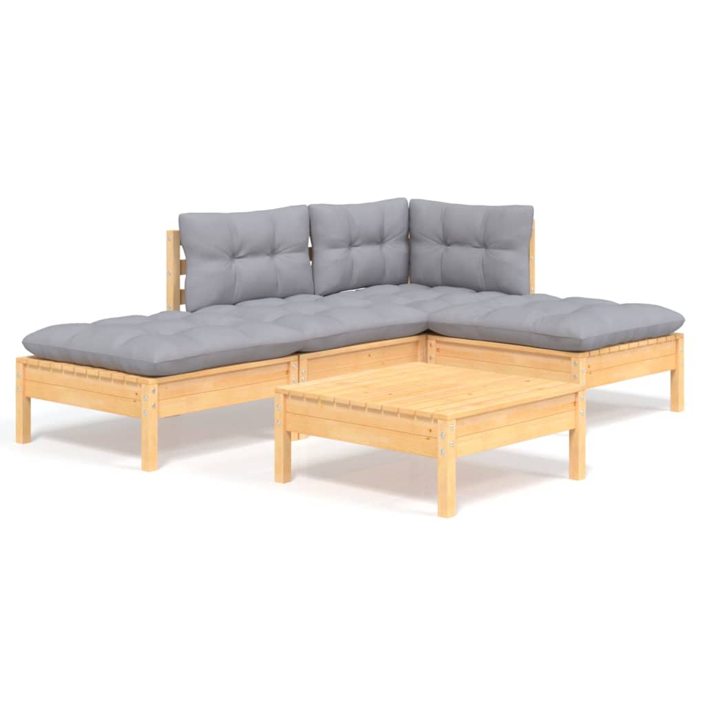 Garden Lounge Set Grey Cushions, Pine Wood Solid Pinewood, Polyester