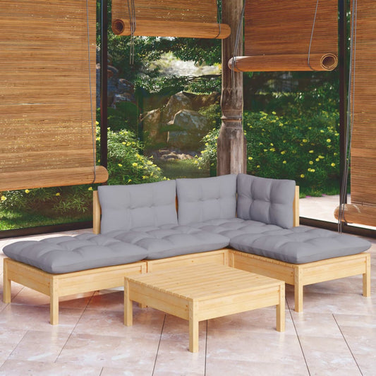 Garden Lounge Set Grey Cushions, Pine Wood Solid Pinewood, Polyester