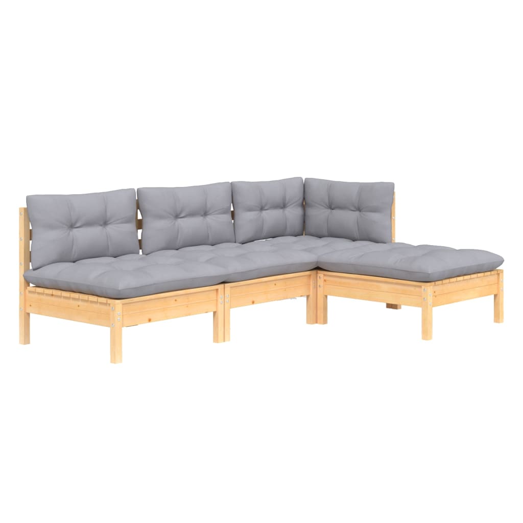 Garden Lounge Set Grey Cushions, Pinewood Frame
