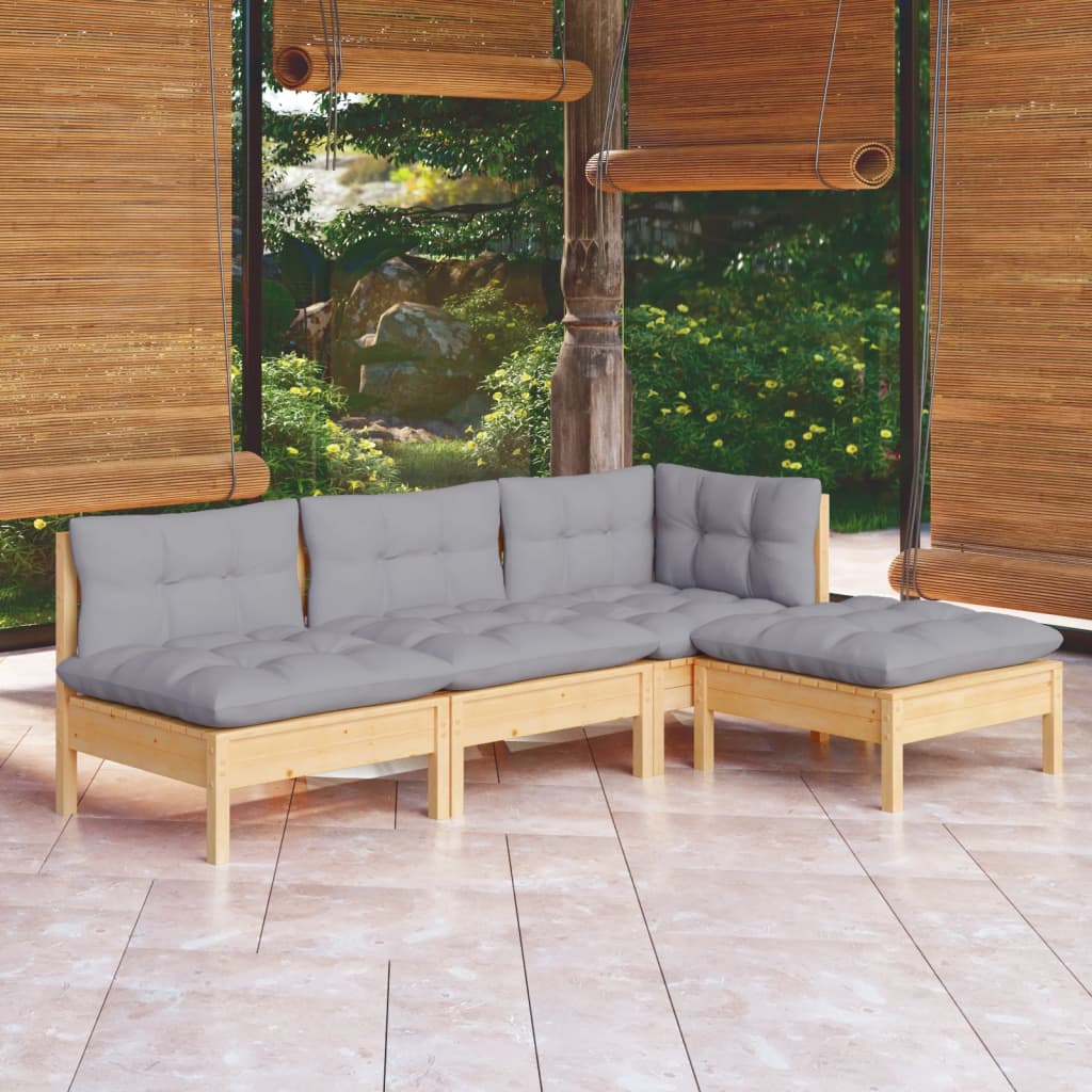 Garden Lounge Set Grey Cushions, Pinewood Frame