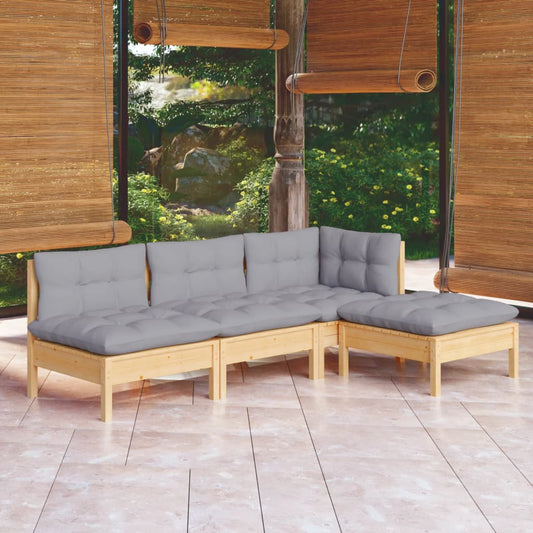 Garden Lounge Set Grey Cushions, Pinewood Frame