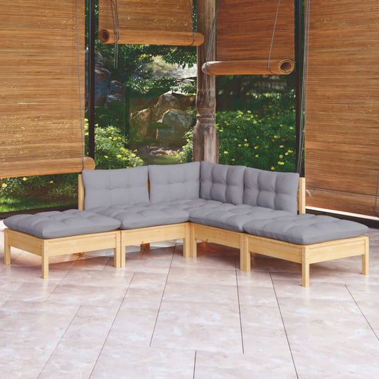 Garden Lounge Set Grey Cushions, Pine Wood