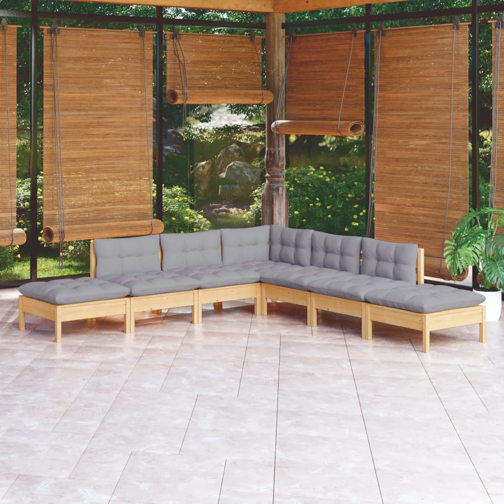Garden Lounge Set Grey Solid Pine Wood 7 Piece Set Modular