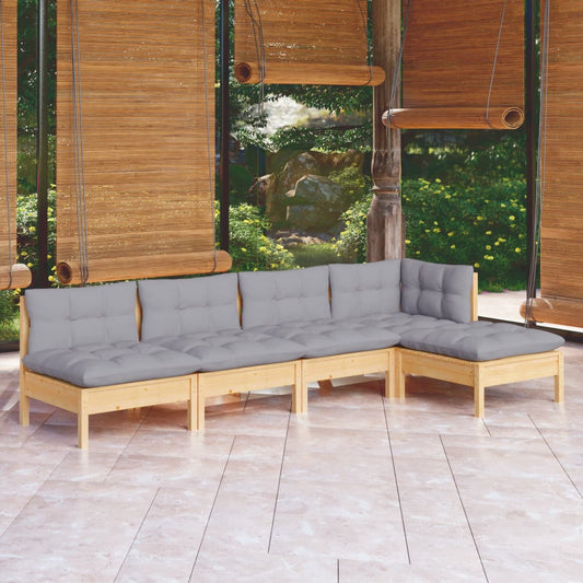 Garden Lounge Set Grey, Pine Solid Pine Wood, Fabric (100% Polyester)