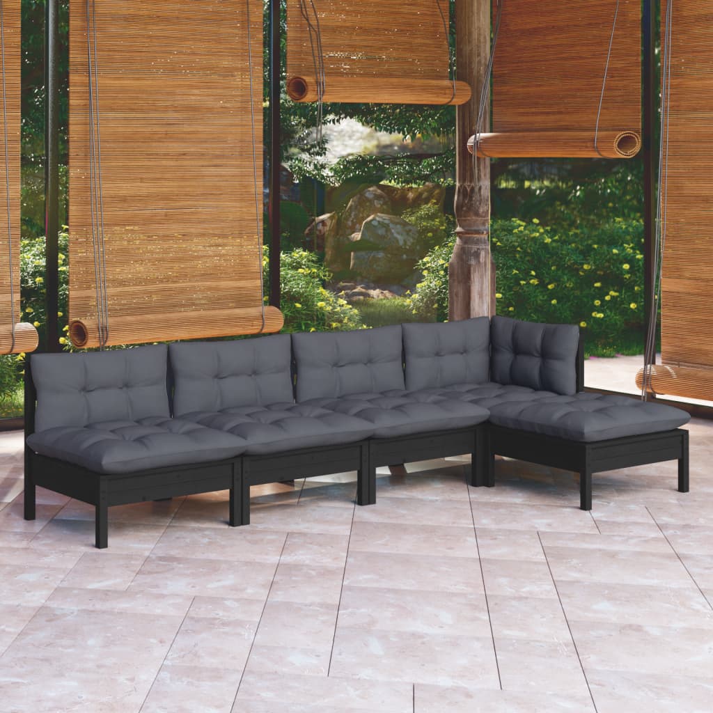 Garden Lounge Set Grey, Pine Solid Pine Wood, Fabric (100% Polyester)