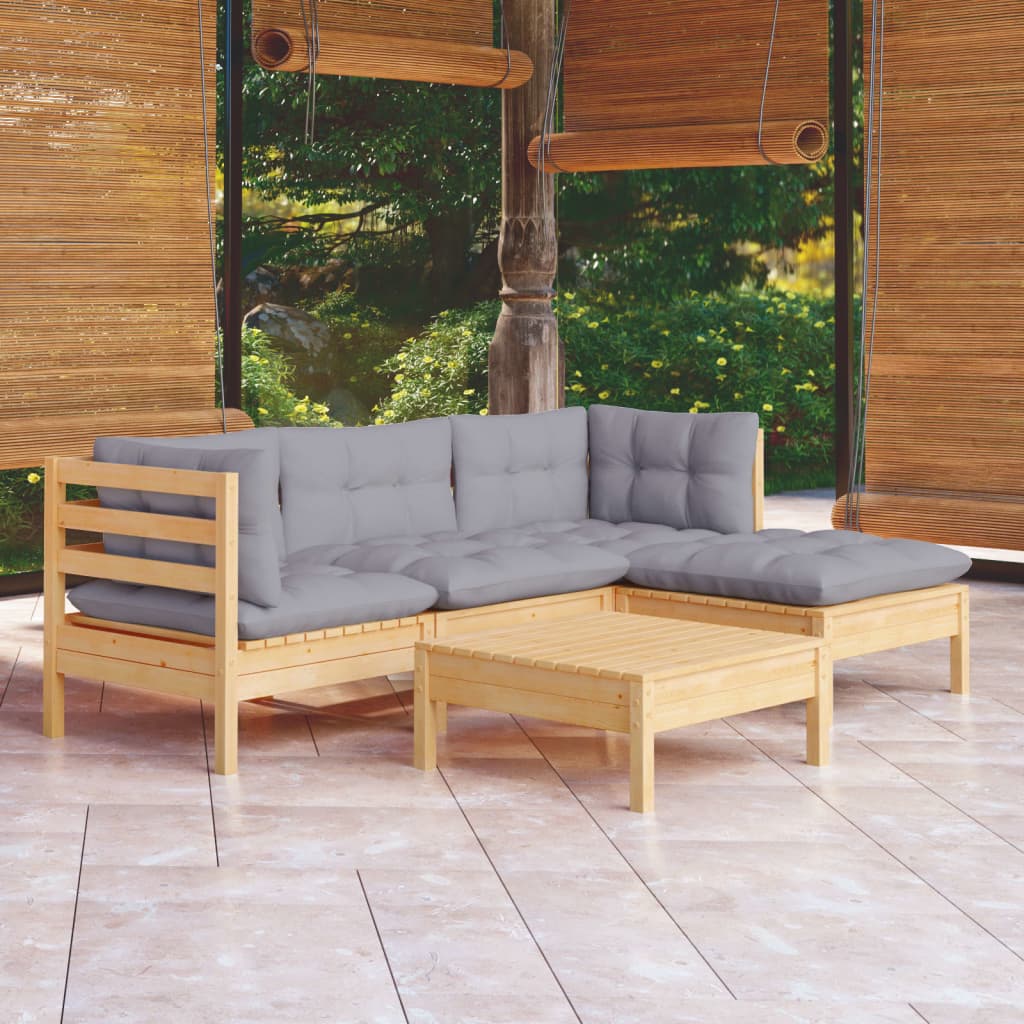 Garden Lounge Set Grey Solid Pinewood, Fabric (100% Polyester)