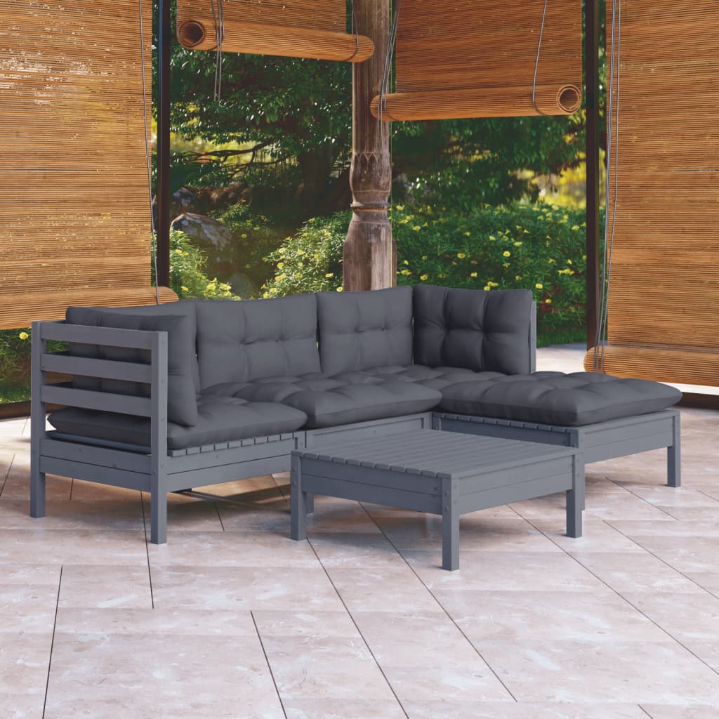 Garden Lounge Set Grey Solid Pinewood, Fabric (100% Polyester)