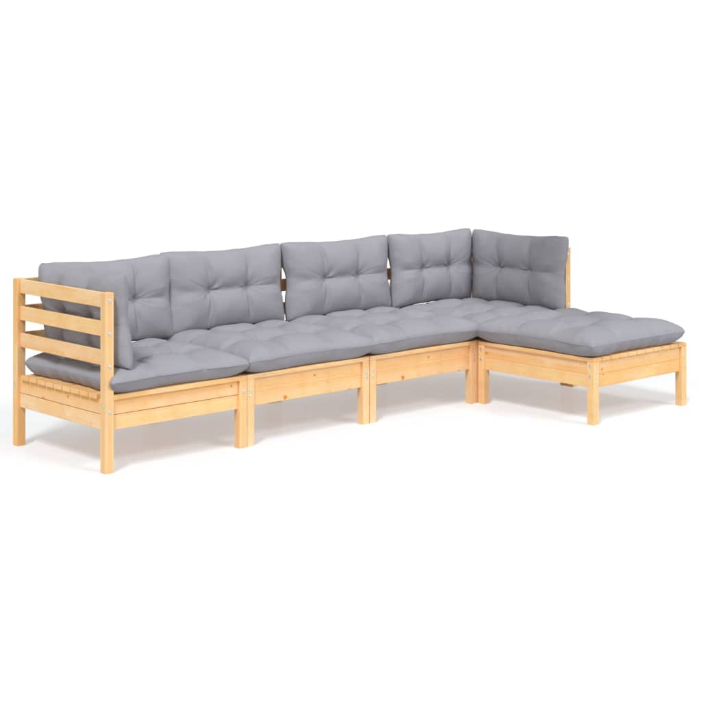 Garden Lounge Set Grey Solid Pinewood 5 Piece Modular
