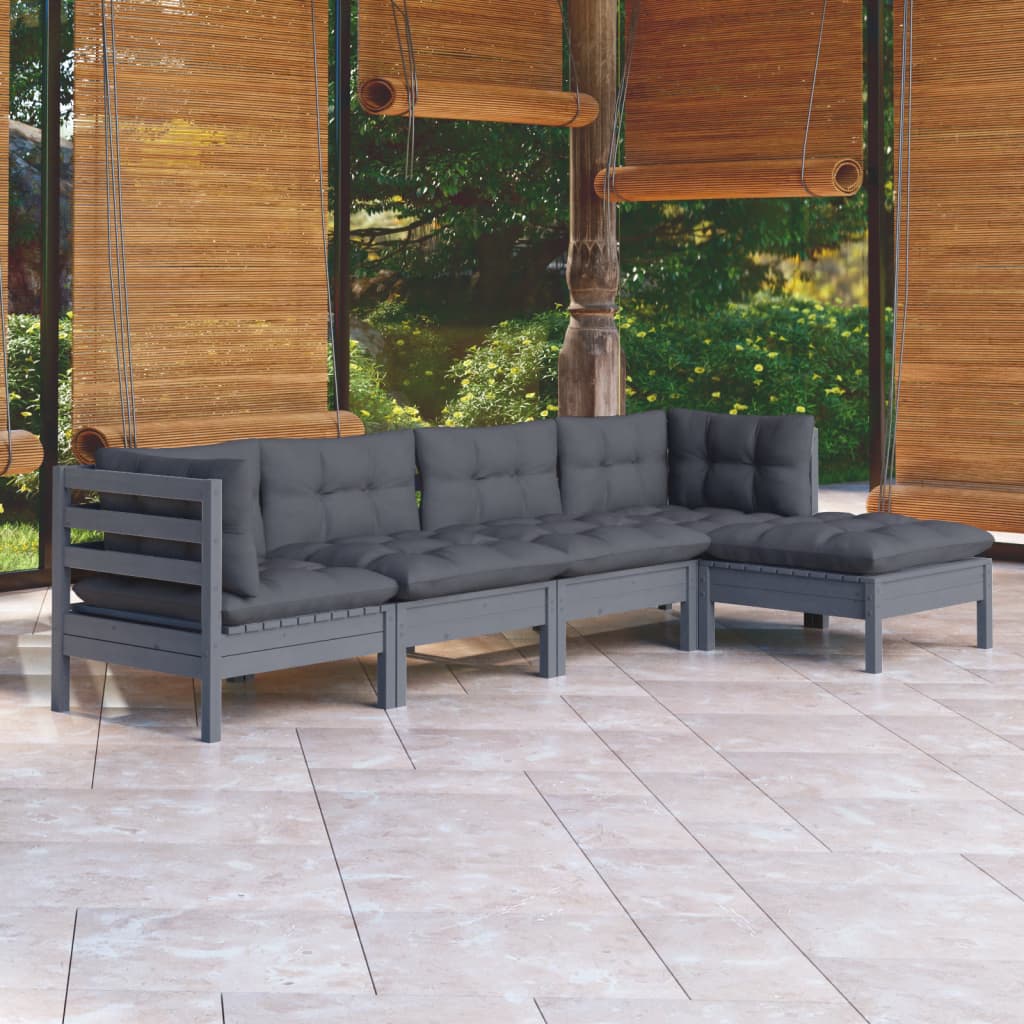 Garden Lounge Set Grey Solid Pinewood 5 Piece Modular