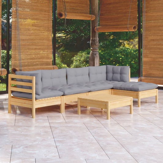 Garden Lounge Set Grey Solid Pine Wood, Fabric (100% Polyester)