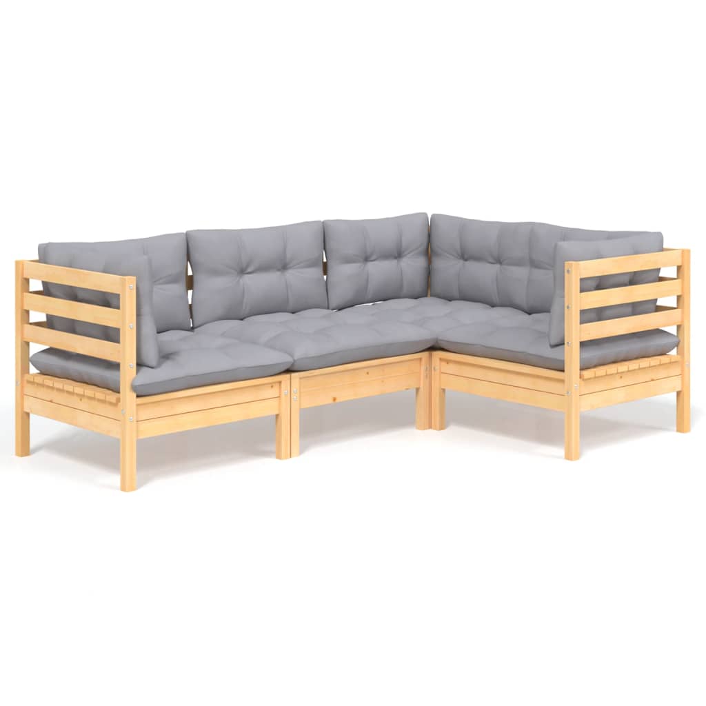 Garden Lounge Set Gray Solid Pine Wood, Fabric (100% Polyester)