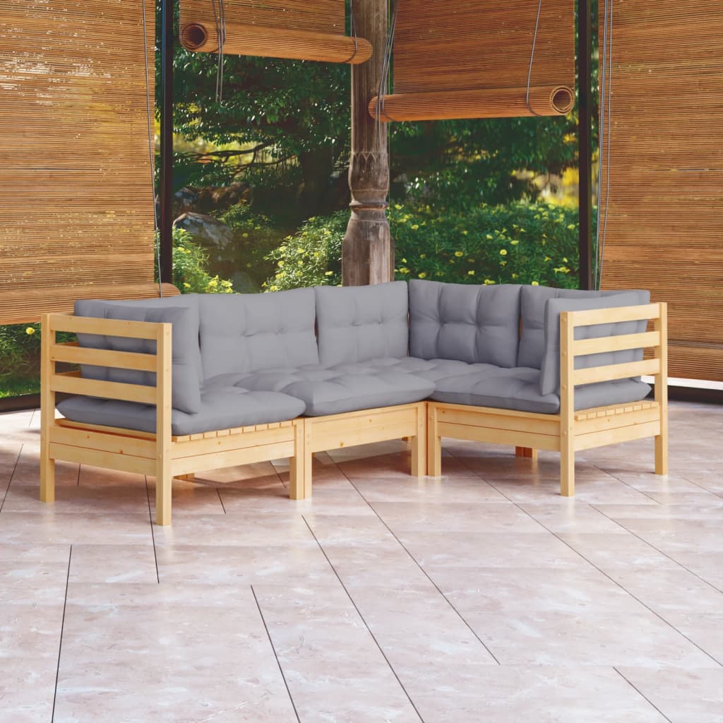 Garden Lounge Set Gray Solid Pine Wood, Fabric (100% Polyester)