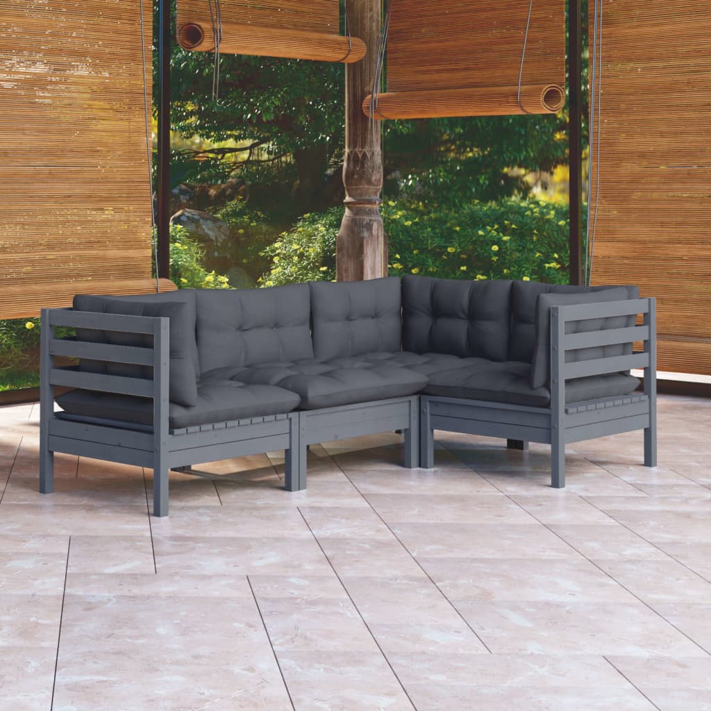 Garden Lounge Set Gray Solid Pine Wood, Fabric (100% Polyester)