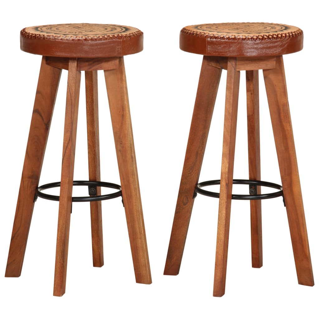 Bar Chair Set Of 2 Natural Wood, Brown Leather